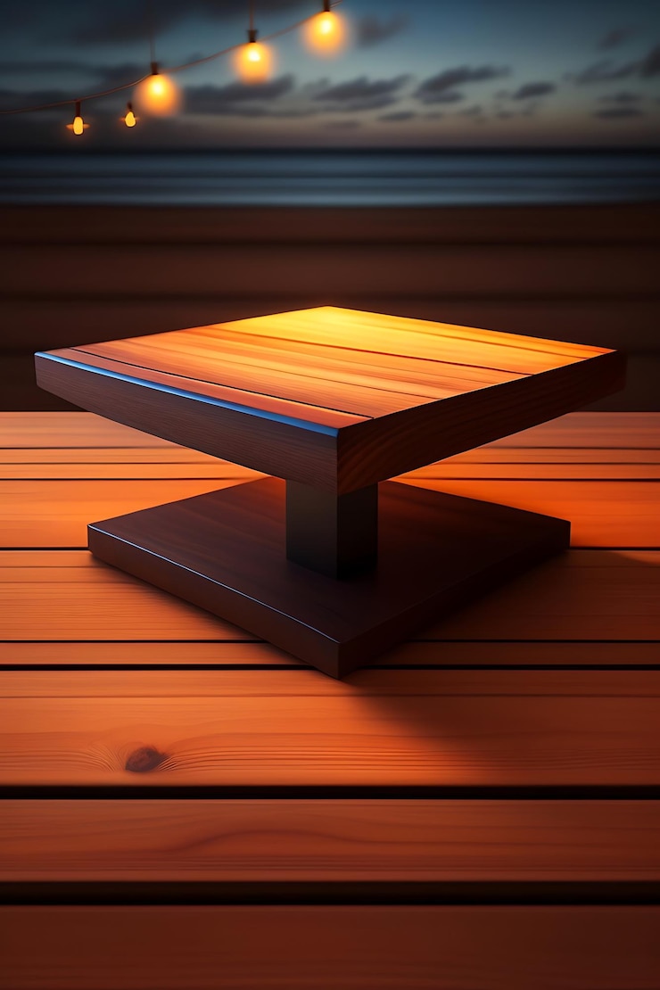 Foto mesa de madera vacía con luces bokeh