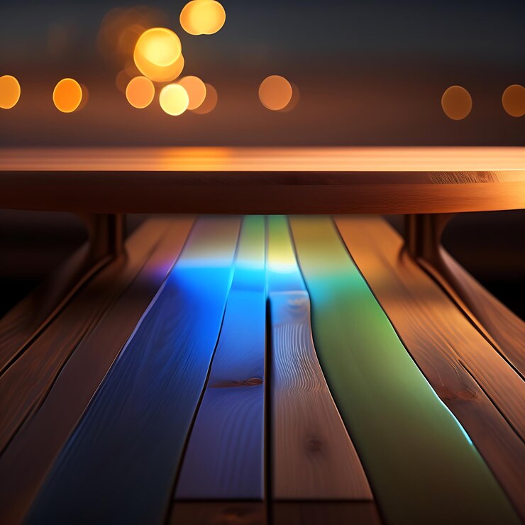 Foto mesa de madera vacía con luces bokeh