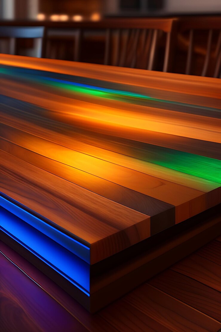 Foto mesa de madera vacía con luces bokeh