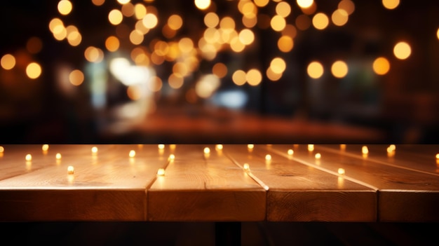 Mesa de madera vacía con luces borrosas en el fondo