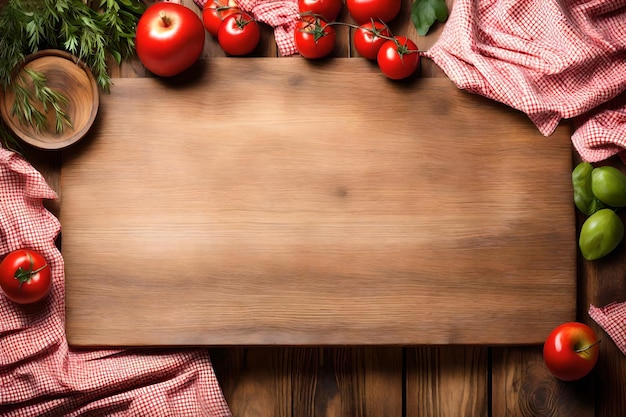 Mesa de madera vacía con mantel y verduras y espacio para copiar texto