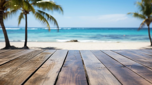 Mesa de madera vacía con un mar de verano y palmeras.