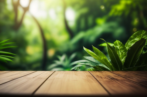 Una mesa de madera vacía en medio de la jungla IA generativa