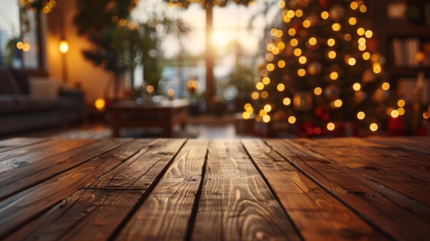 Mesa de madera vacía, mesa de madera abstracta, sala de estar cálida, luces de cuerda de árbol de Navidad, fondo borroso con nieve, atmósfera acogedora, luz suave y brillante, IA generativa.