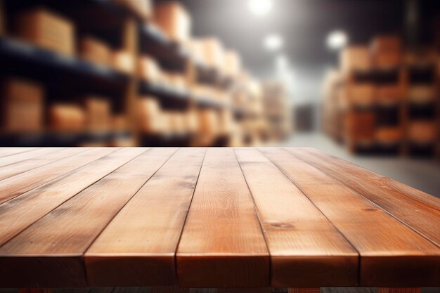 Foto mesa de madera vacía y montaje de exhibición de productos de fondo de almacén borroso