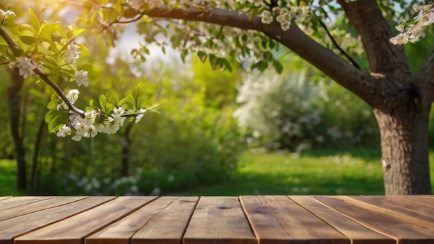 Mesa de madera vacía para montajes de exhibición de productos Fondo de la naturaleza de primavera