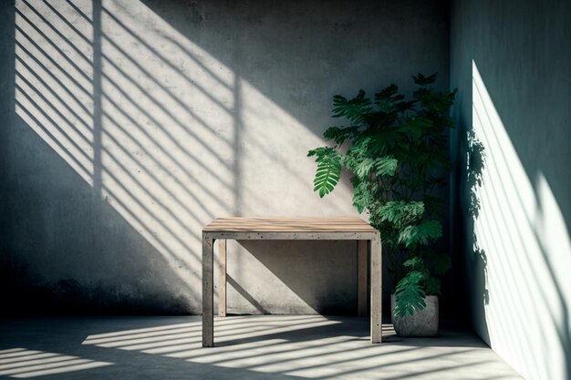 Mesa de madera vacía con muro de hormigón y sombra de plantas IA generativa