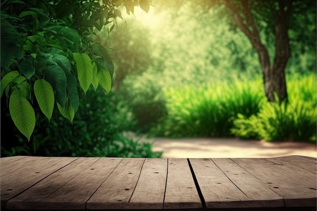 Mesa de madera vacía en la naturaleza jardín verde producto al aire libre