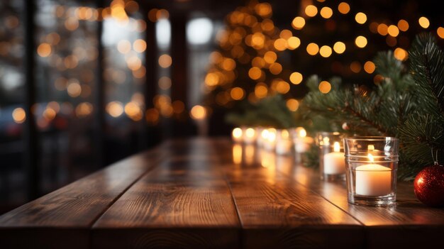 Mesa de madera vacía con una Navidad festiva