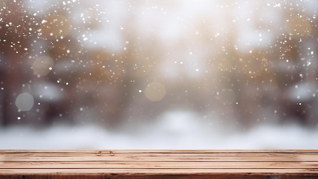 mesa de madera vacía con la nieve borrosa cayendo de fondo para las fiestas de Navidad y invierno