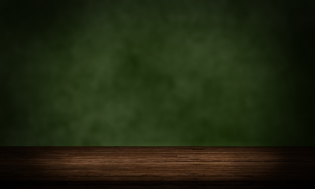 Mesa de madera vacía con nueva pantalla de fondo de producto de pared de grunge verde