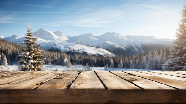 Mesa de madera vacía con un paisaje invernal