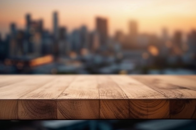 Mesa de madera vacía en un paisaje urbano futurista