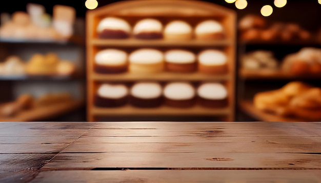 Mesa de madera vacía en una panadería borrosa o un café restaurante con un fondo abstracto de bokek