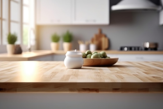 Mesa de madera vacía y pared blanca de cocina blanca borrosa para maqueta de exhibición de productos