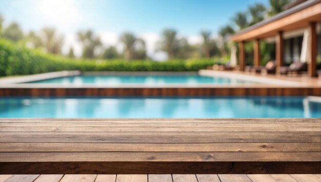 Foto mesa de madera vacía en la parte delantera con el fondo borroso de la piscina