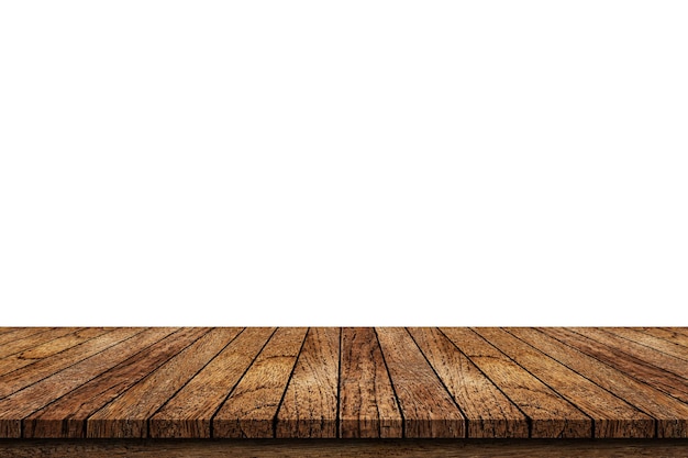 Mesa de madera vacía en la parte superior aislada sobre un fondo blanco utilizada para exhibir o montar sus productos