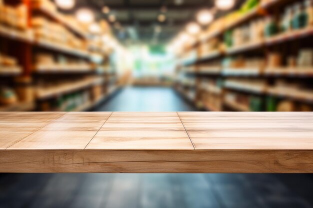 Mesa de madera vacía con pasillo de la tienda de comestibles del supermercado y estantes de fondo borroso