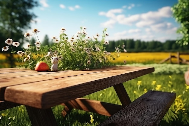 Mesa de madera vacía con picnic en el fondo del jardín IA generativa