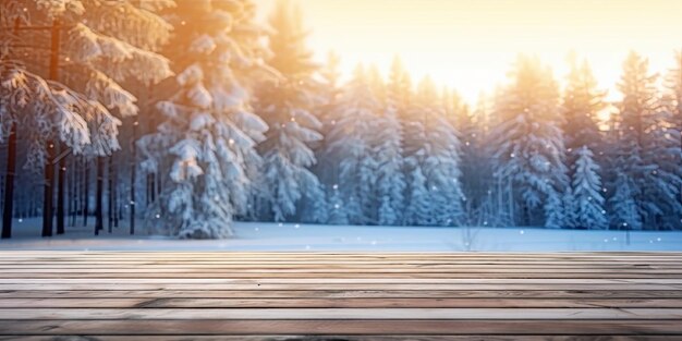 mesa de madera vacía con plantilla de fondo invernal simulada para exhibir el producto