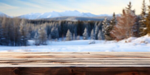 mesa de madera vacía con plantilla de fondo invernal simulada para exhibir el producto