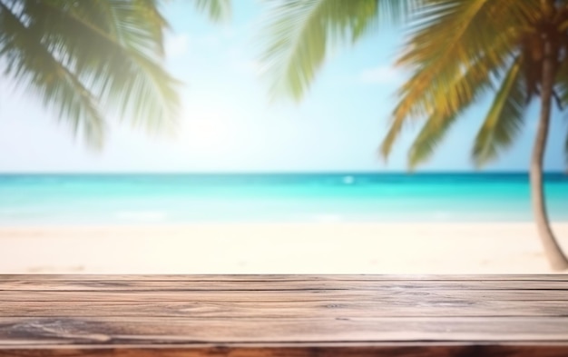 Mesa de madera vacía en una playa tropical con palmeras al fondo