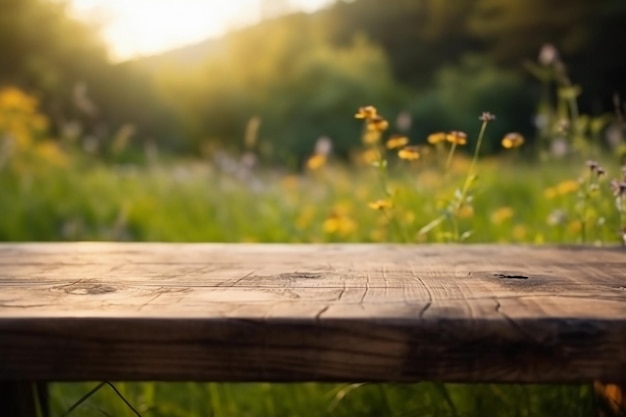 Mesa de madera vacía en un prado