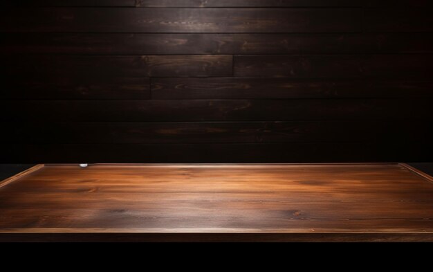 Una mesa de madera vacía para presentación con un fondo oscuro e iluminación empotrada aislada