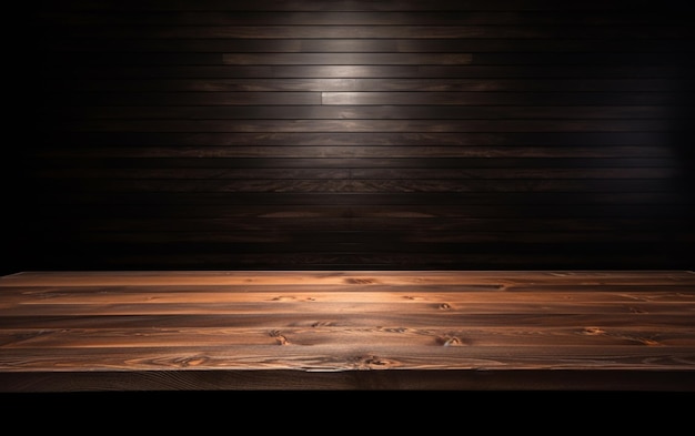 Una mesa de madera vacía para presentación con un fondo oscuro e iluminación empotrada aislada