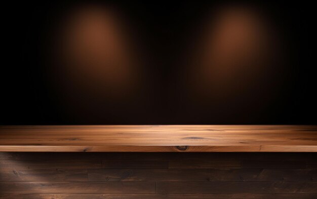 Una mesa de madera vacía para presentación con un fondo oscuro e iluminación empotrada aislada