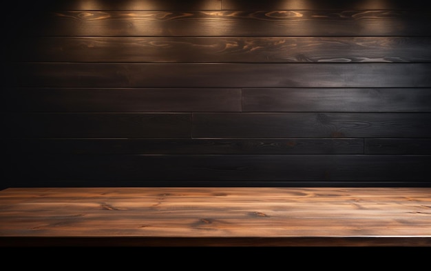 Una mesa de madera vacía para presentación con un fondo oscuro e iluminación empotrada aislada