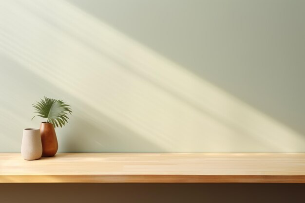 Mesa de madera vacía para la presentación de productos sobre un fondo verde salvia minimalista con sombra de sol