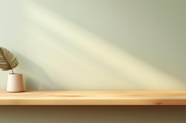 Mesa de madera vacía para la presentación de productos sobre un fondo verde salvia minimalista con sombra de sol