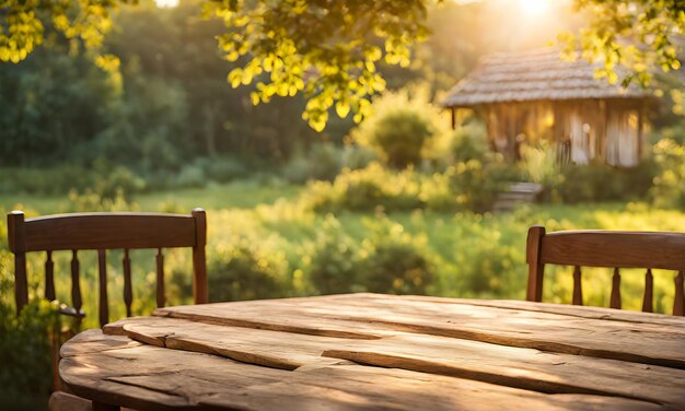 Una mesa de madera vacía en primer plano con una casa de campo borrosa en el fondo contra un jardín verde