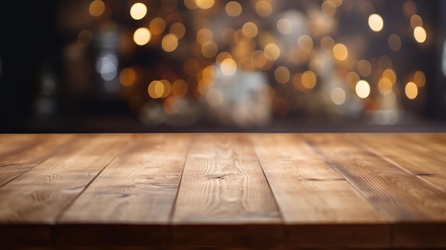 Mesa de madera vacía primer plano Fondo borroso dentro de la habitación