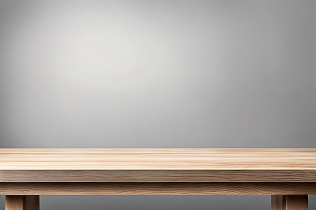 Foto mesa de madera vacía con producto de visualización imagen borrosa del fondo gris de la pared