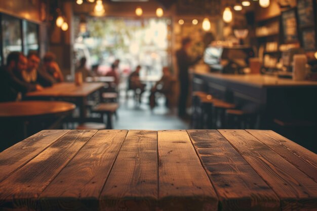 Una mesa de madera vacía en un restaurante con un fondo borroso