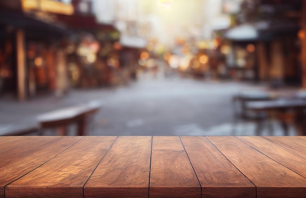 Mesa de madera vacía en el resumen borroso del restaurante de la calle al aire libre y fondo de la ciudad para el montaje