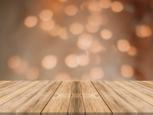 Foto mesa de madera vacía y sala de desenfoque con fondo bokeh, adecuada para productos de montaje