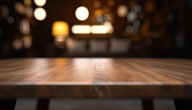 Mesa de madera vacía en un salón oscuro y elegante con fondo borroso AI generativa