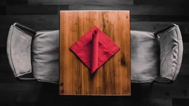 Mesa de madera vacía y servilleta roja de tela