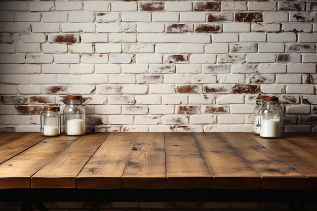 Foto mesa de madera vacía sobre diseño de fondo de pared de ladrillo blanco