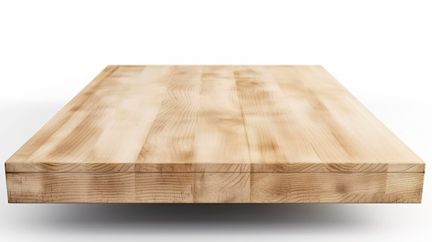 Mesa de madera vacía sobre fondo blanco aislado con montaje de pantalla para generar producto ai