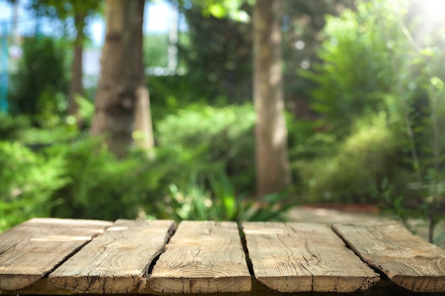 Mesa de madera vacía sobre fondo de naturaleza