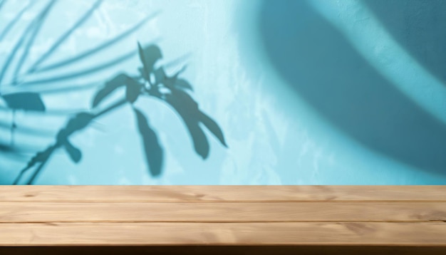 Mesa de madera vacía sobre fondo de pared de color azul Fondo con sombras de hojas en la pared