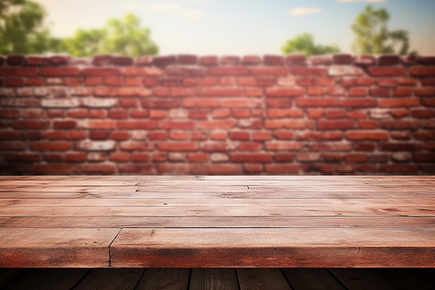 Foto mesa de madera vacía sobre fondo de pared de ladrillo rojo