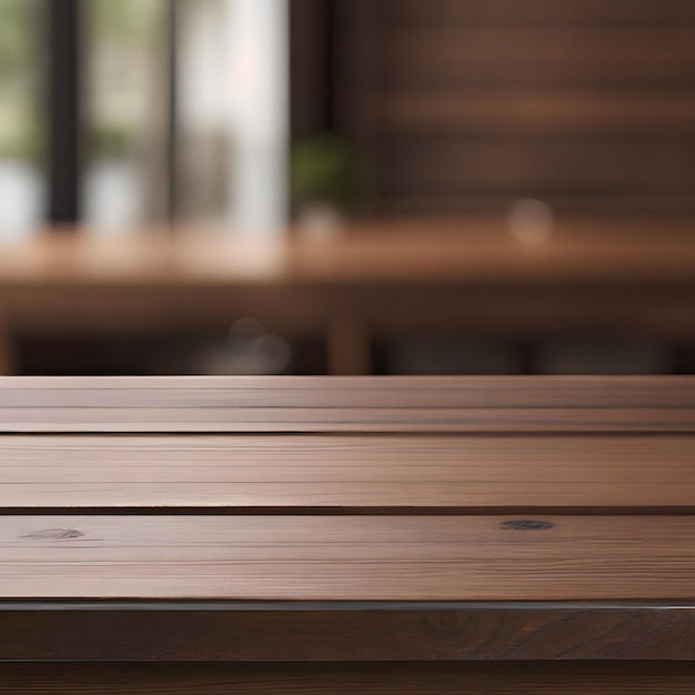 Mesa de madera vacía sobre fondo de restaurante borroso