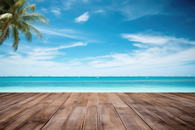 Una mesa de madera vacía sobre un hermoso fondo azul de una playa tropical Fondo para el verano