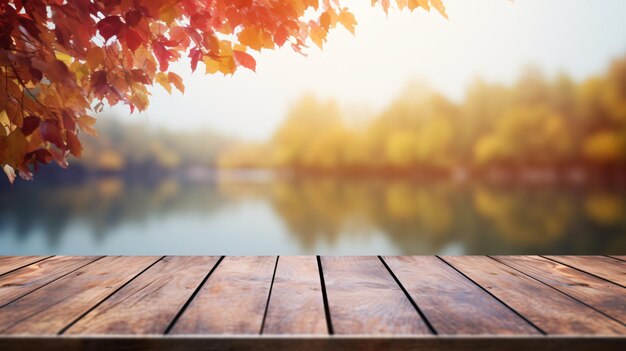 Mesa de madera vacía sobre la naturaleza borrosa del lago bokeh