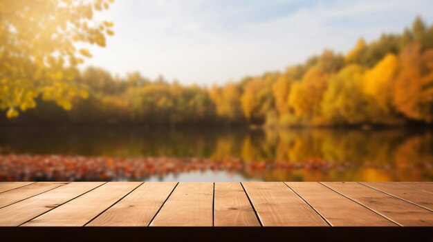 Mesa de madera vacía sobre la naturaleza borrosa del lago bokeh